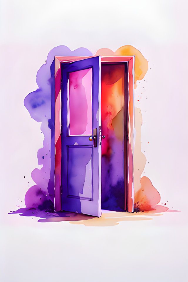 Bunte Aquarell-Tür als Einladung für Einzelgespräche in der psychologischen Beratung mit Vielfalt und persönlicher Entwicklung bei Neurodivergenz.