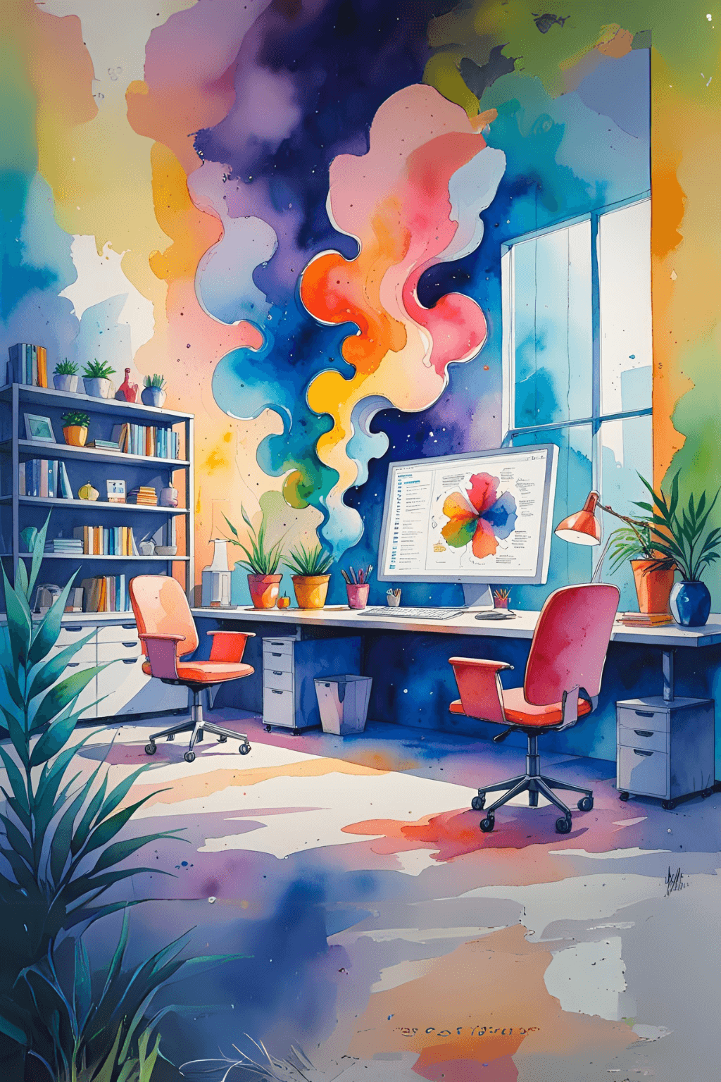 Bunter Arbeitsplatz als Sinnbild für Vorträge, Austausch und gelebte Vielfalt im Arbeitskontext mit Neurodivergenz