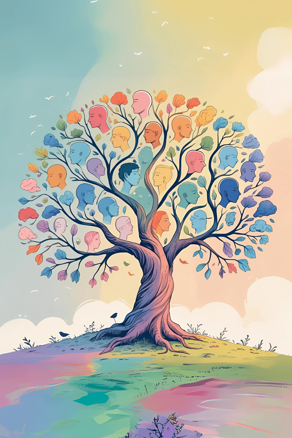 Bunter Gesichterbaum als Symbol für Wachstum, Reflexion, Supervision und die Entwicklung von Fachkräften im Kontext neurodivergenter Begleitung.